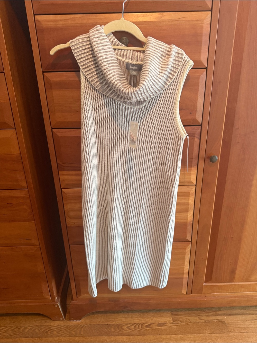 Neiman Marcus knit oatmeal cowl neck sweater dress, two-tone ribbed, size S, NWT